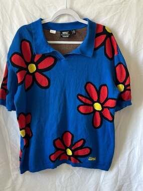 WeSC Blue Floral Daisy Short Sleeve Knit Polo Cardigan Sweater Men's XL